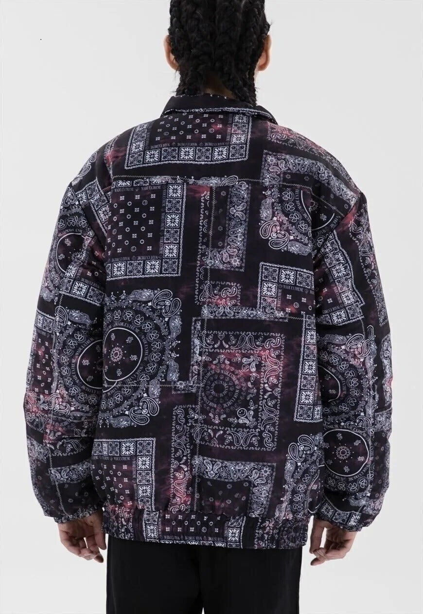 Checked paisley print bomber bandana denim jacket in black