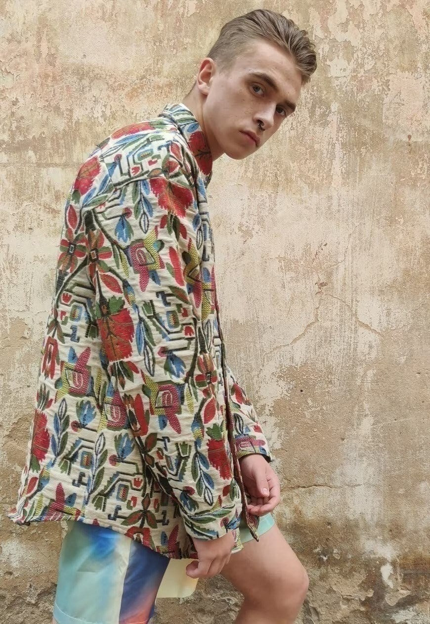 Aztec print thick shirt loose retro floral jacket in brown