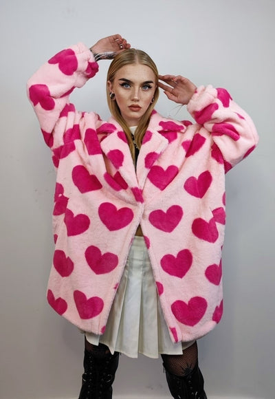 Heart fleece coat handmade faux fur love trench jacket pink