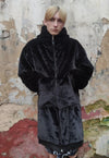 Long fleece coat faux fur hooded bomber long trench in black