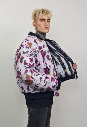 Leaves print varsity jacket pink forest reversible bomber