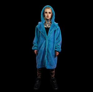 Neon faux fur long coat hooded trench bright raver bomber detachable fleece festival removable sleeves burning man jacket in electric blue