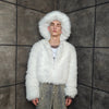 Collarless faux fur coat white cropped luxury bomber fluffy glam fleece detachable sleeves festival jacket burning man short overcoat