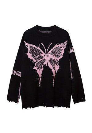 Distressed knitted jumper butterfly sweater ripped top grey