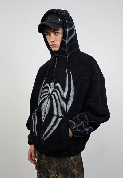 Gothic fleece jacket spider graffiti fluffy bomber punk coat