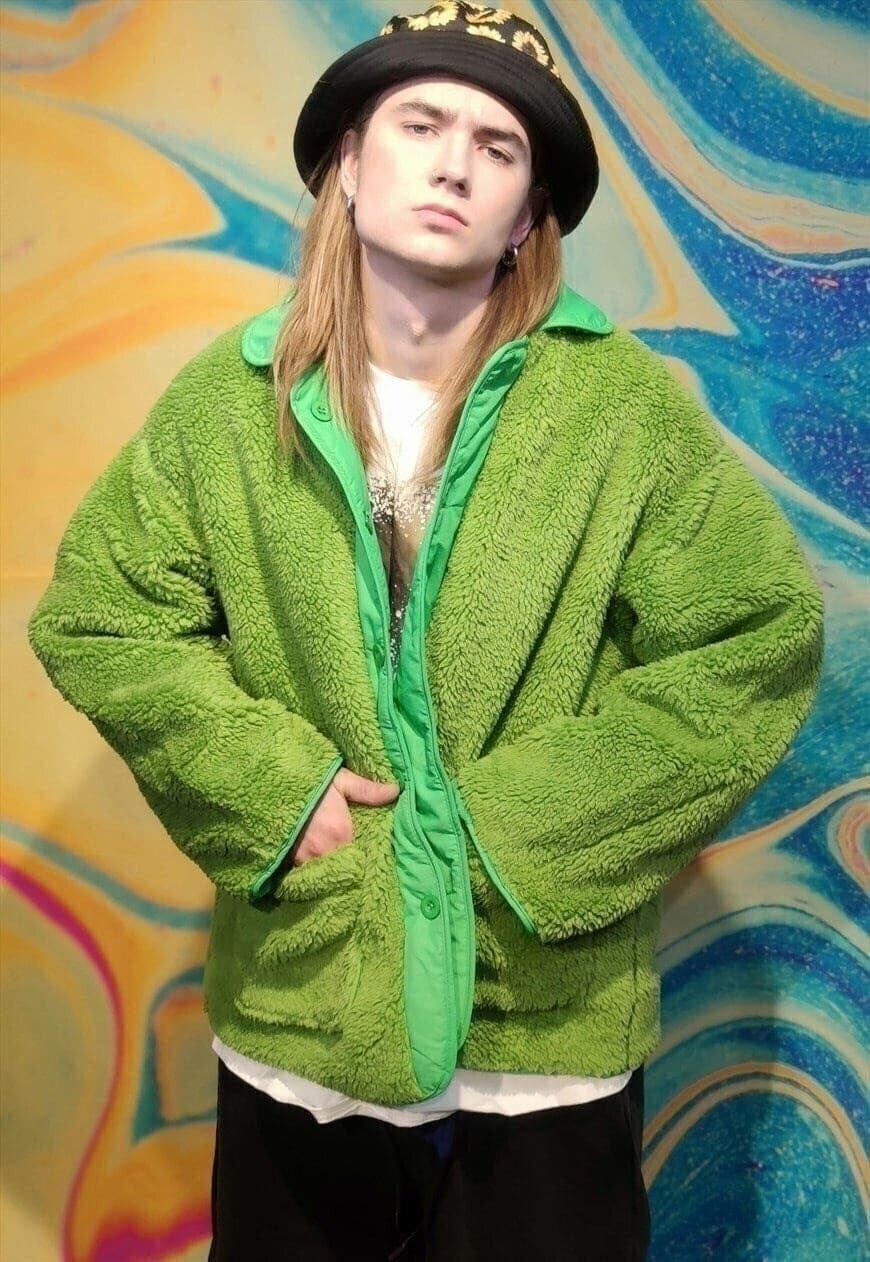 Reversible fleece jacket two sided bright bomber green