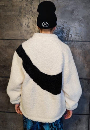 Contrast fleece jacket grunge fluffy bomber in black cream