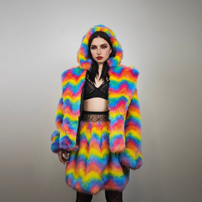 Rainbow faux fur coat cropped unicorn bomber fluffy carnival fleece detachable sleeves festival jacket burning man short luminous overcoat