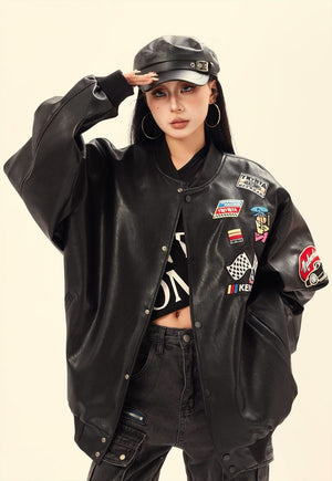 Faux leather racing jacket motorsports PU patchwork bomber