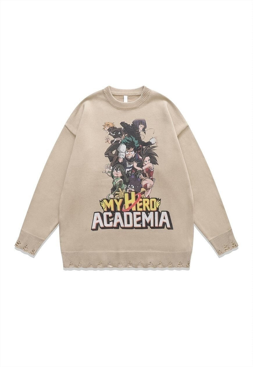 Academia sweater knitted distressed Anime print jumper black