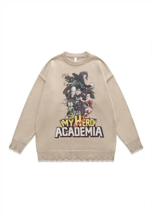 Academia sweater knitted distressed Anime print jumper black