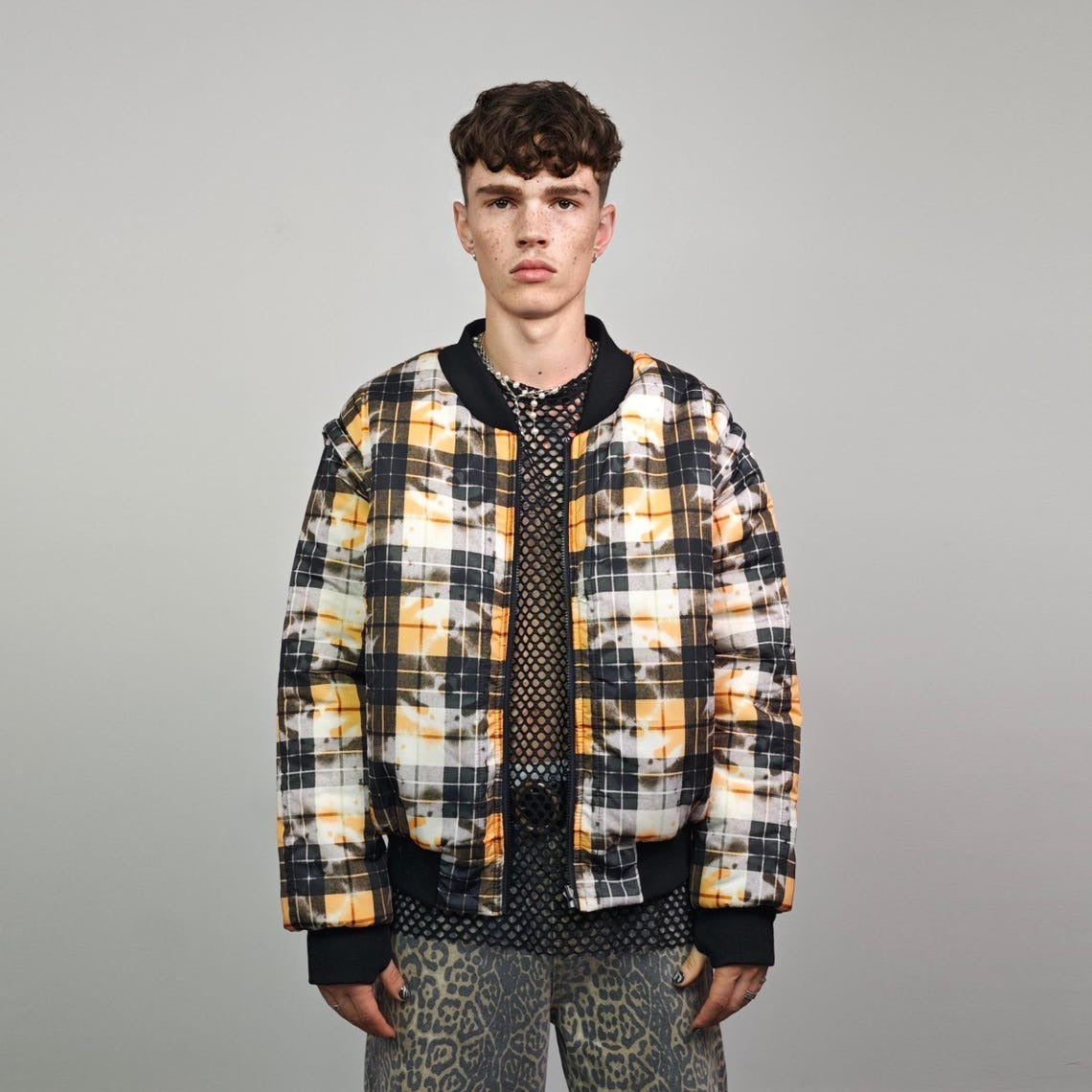 Tie-dye check bomber yellow tartan jacket raver reversible college varsity detachable sleeves handmade plaid puffer grunge punk rocker coat