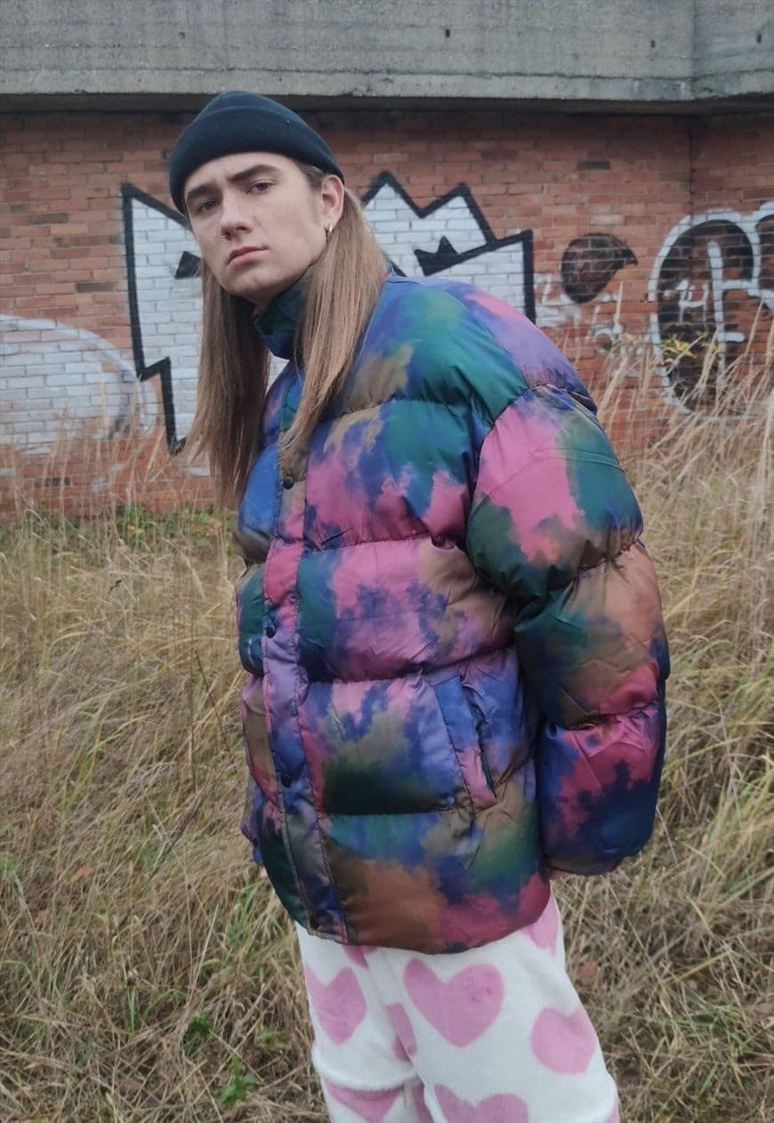 Tie-dye bomber paint splatter puffer quilted jacket purple