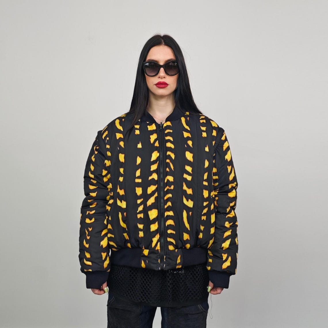 Tiger bomber black yellow jacket animal print reversible college varsity detachable sleeves handmade striped puffer grunge rocker e-boy coat