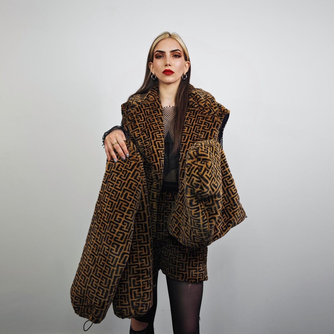 Arabic pattern short coat brown black fleece trench geometric print jacket detachable sleeves handmade zigzag party overcoat festival set