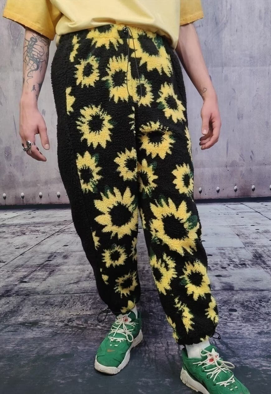 Sunflower fleece joggers handmade Daisy pants floral bottoms