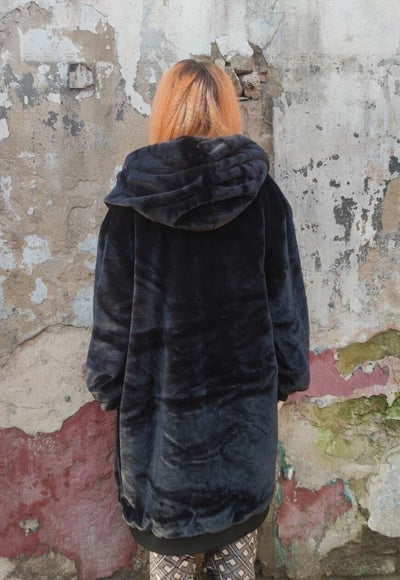 Long fleece coat faux fur hooded bomber long trench in black