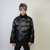 Asymmetric bomber jacket collared puffer quilted high fashion Gothic coat unusual grunge padded aviator jacket in solid shiny black