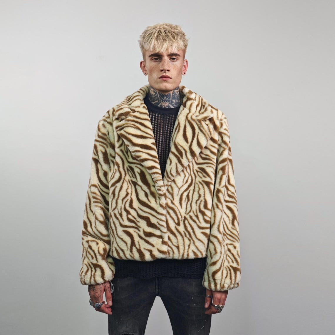 Cropped tiger coat brown short animal print jacket striped trench fauxfur detachable sleeves handmade zebra pattern festival overcoat fleece
