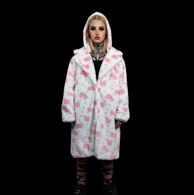 Cow print long coat hooded spot trench fluffy rave bomber detachable fleece festival removable sleeves burning man jacket pastel pink