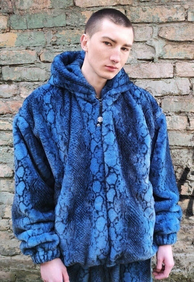 Faux fur snake jacket detachable Python fleece bomber blue