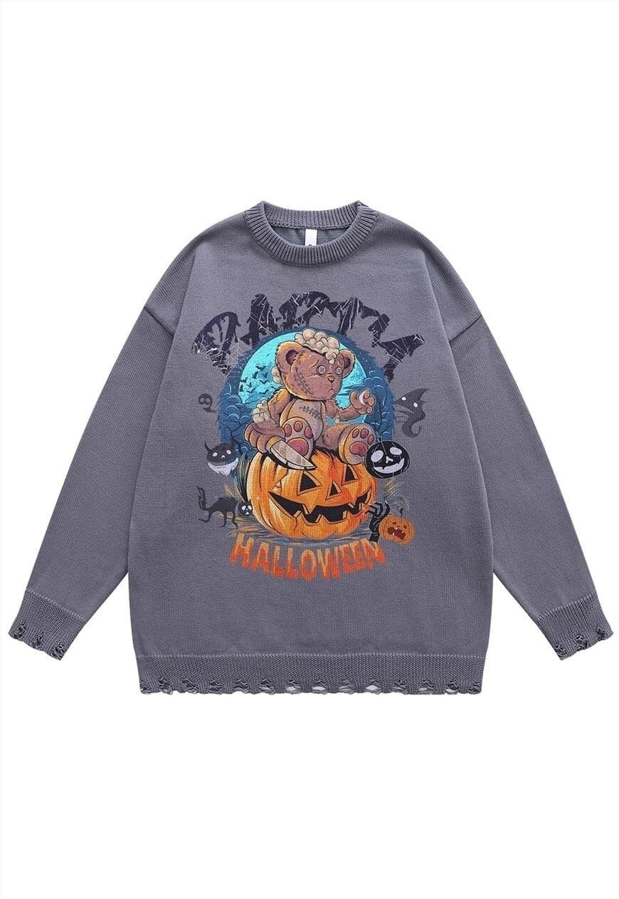 Halloween sweater pumpkin knit distressed jumper in beige