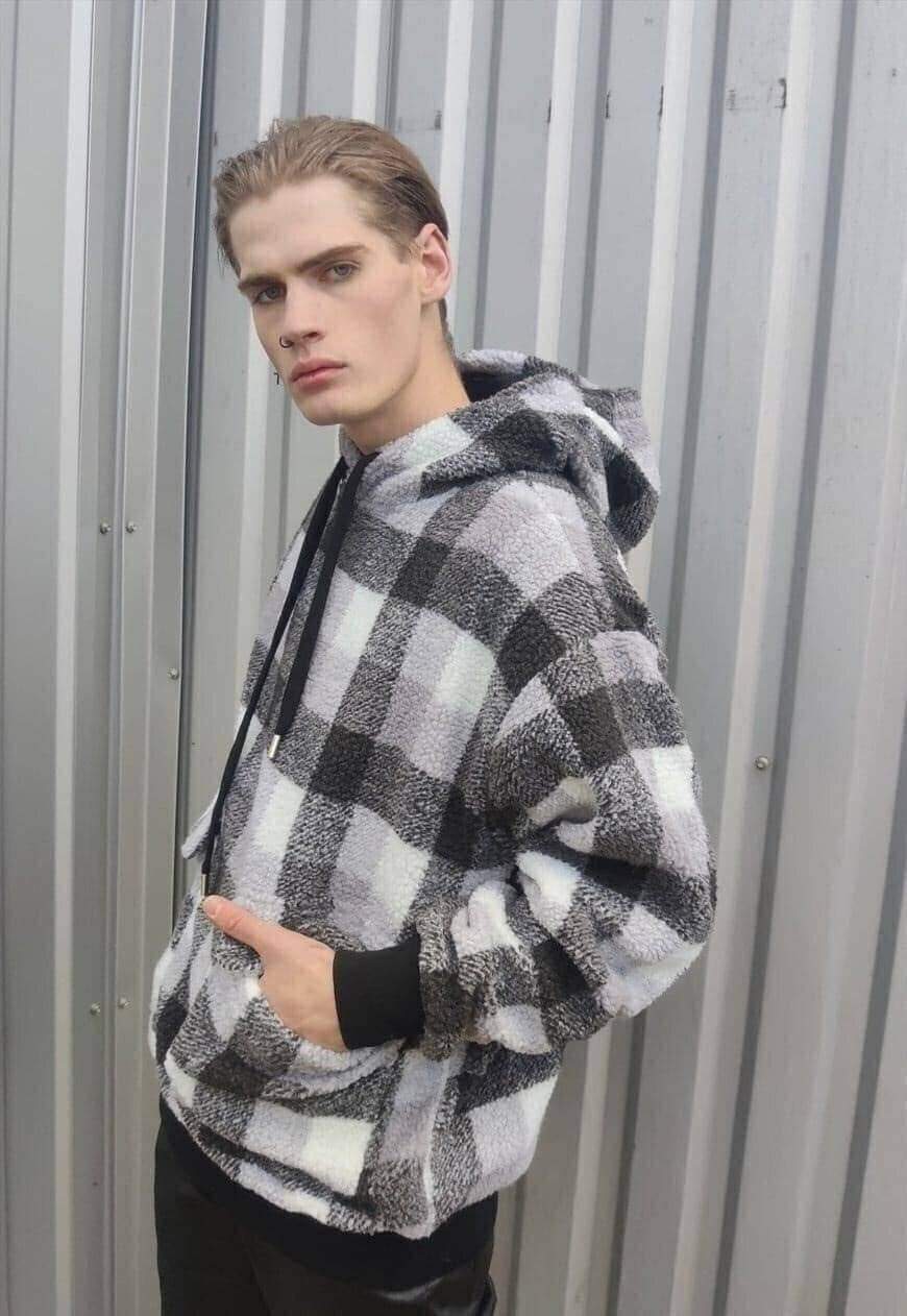 Tartan fleece hoodie fluffy check pullover in grey SKA print