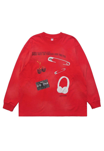 Y2K print top grunge long sleeve tee retro gadget top in red