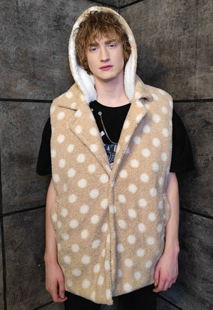 Polka dot fleece coat handmade 2in1 hood trench jacket cream