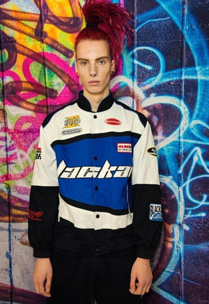 Racing jacket multi patch padded motorcycle bomber in blue