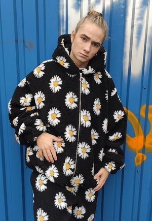 Daisy print fleece jacket custom made sunflower bomber black