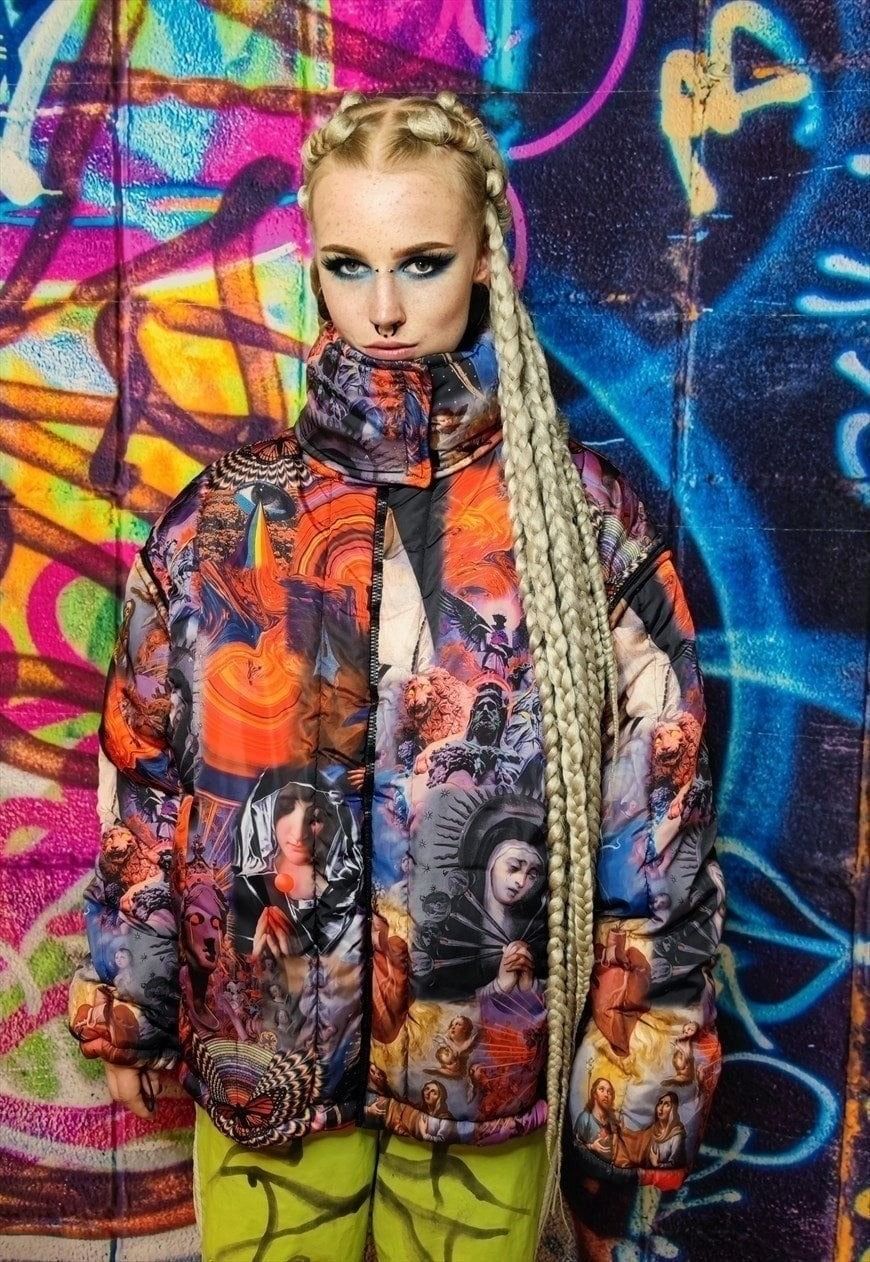 Psychedelic bomber jacket detachable raver puffer in rainbow