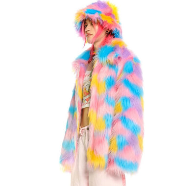 Unicorn shaggy faux fur jacket luxury raver bomber fluffy festival rainbow coat unicorn fleece party bomber neon burning man coat pink blue