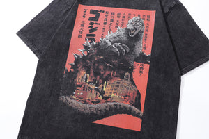 Godzilla print t-shirt monster anime tee retro Japanese top in vintage grey