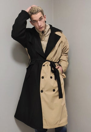 Contrast colour stitched trench coat asymmetric mac in cream