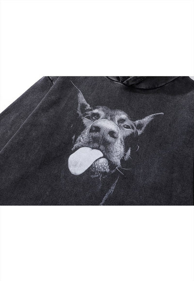 Doberman print hoodie Y2K dog jumper vintage top acid grey