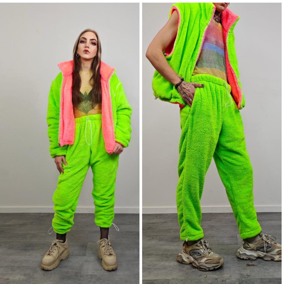 Neon pink fleece rave jacket reversible fluorescent hooded party bomber fluffy coat detachable sleeve two sided overcoat fuzzy festival set