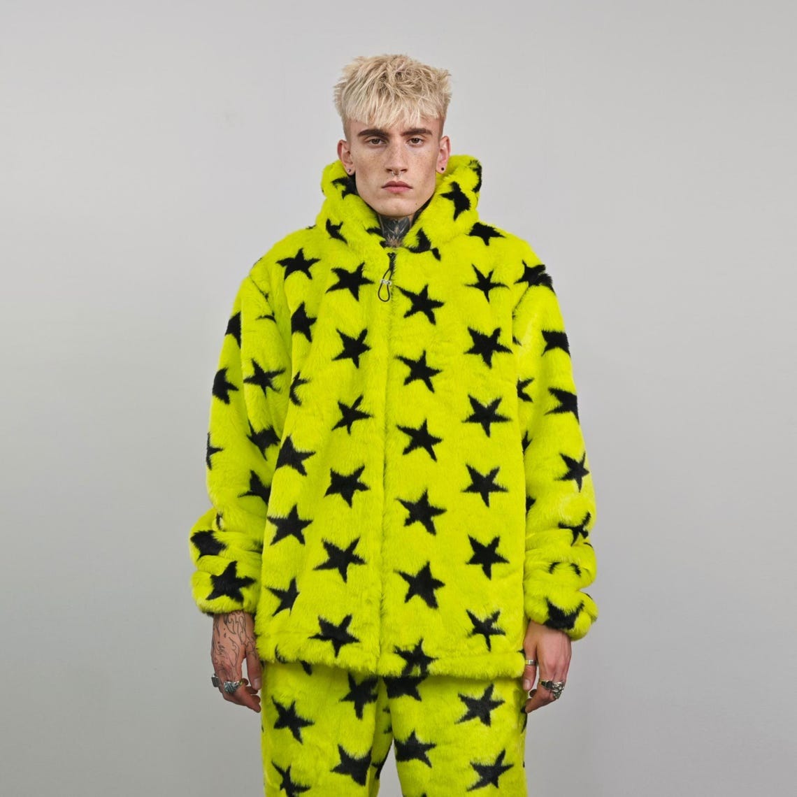 Star print joggers yellow faux fur geometric fleece pants psychedelic trousers handmade raver bottoms festival set