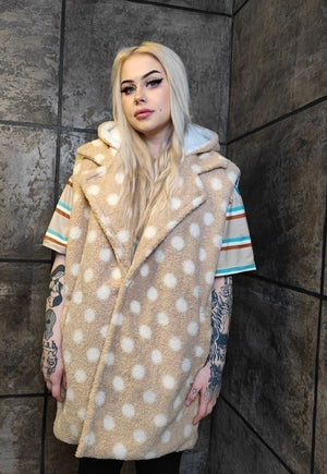 Polka dot fleece coat handmade 2in1 hood trench jacket cream