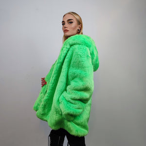 Hooded neon faux fur jacket shaggy coat bright raver bomber fluffy trench winter fleece festival jacket burning man overcoat in green