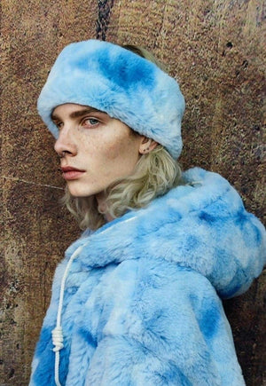 Fleece headband luxury fluffy head cover in tie-dye blue