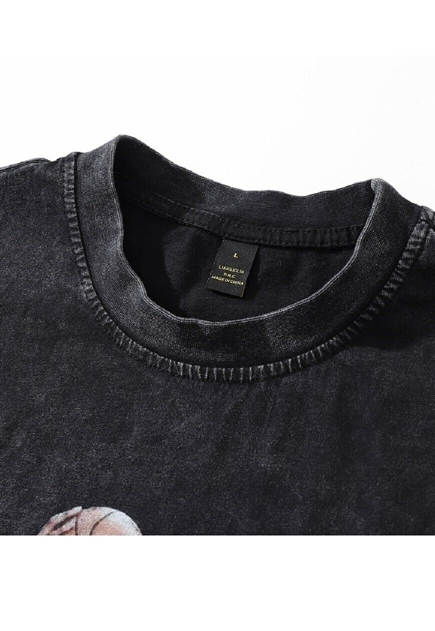 Basketball print t-shirt punk tee retro sports top acid grey