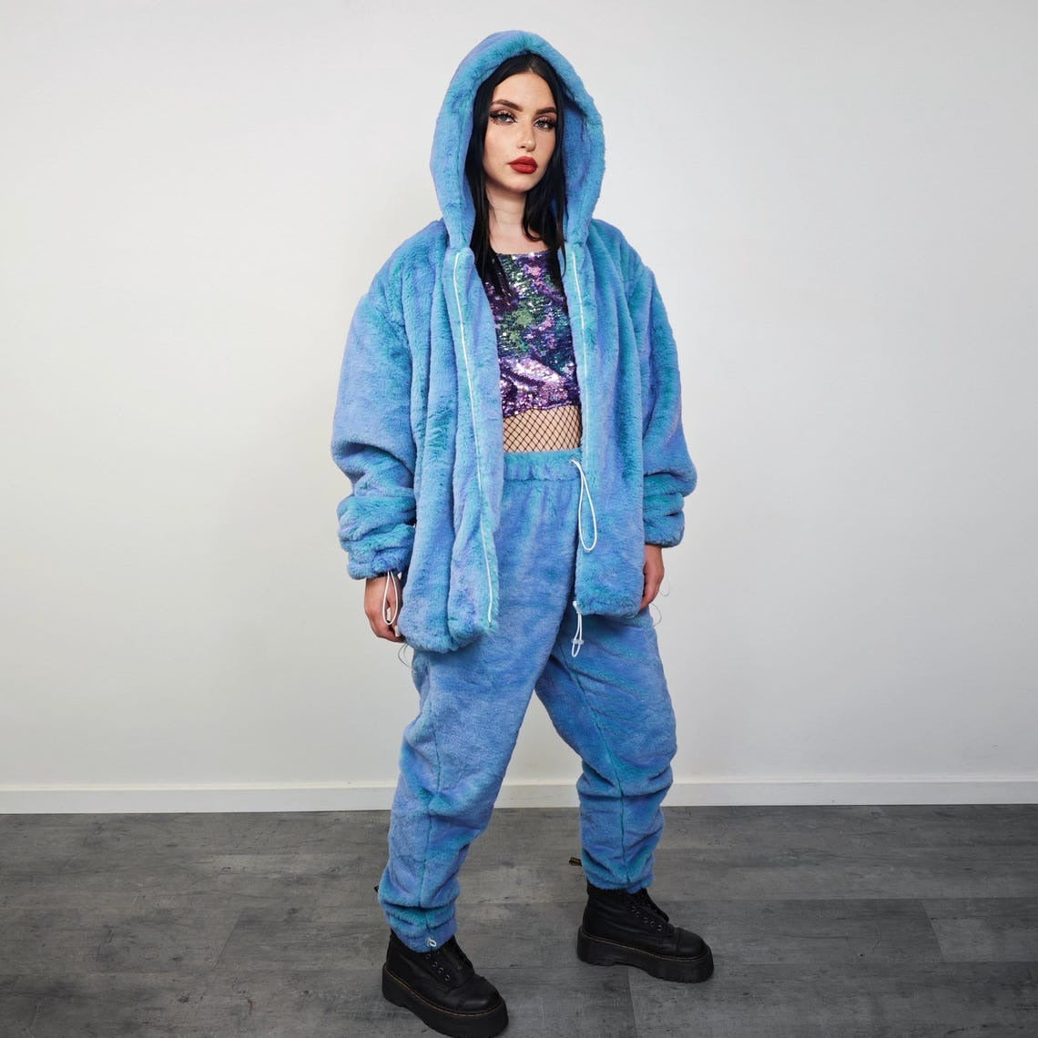 Chameleon faux fur joggers blue luminous fleece pants color changing trousers psychedelic bottoms handmade rave festival set