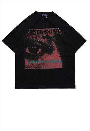 Warning print t-shirt stared eye tee punk poster top white