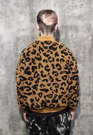 Leopard fleece jacket faux fur bear bomber animal coat brown