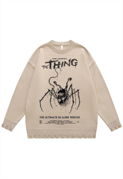 Spider sweater creepy knit distressed horror jumper in black