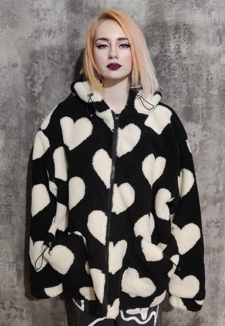 Heart fleece jacket animal faux fur love emoji bomber black