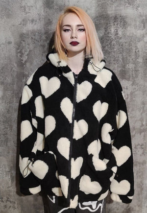 Heart fleece jacket animal faux fur love emoji bomber black