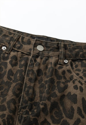 Leopard jeans unisex animal print denim trousers cheetah pants tiger spot pants flared joggers in brown