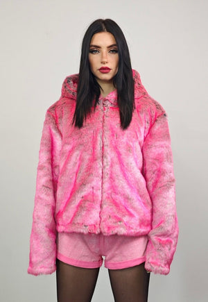 Pink faux fur jacket hooded fluffy bomber fuzzy cropped coat